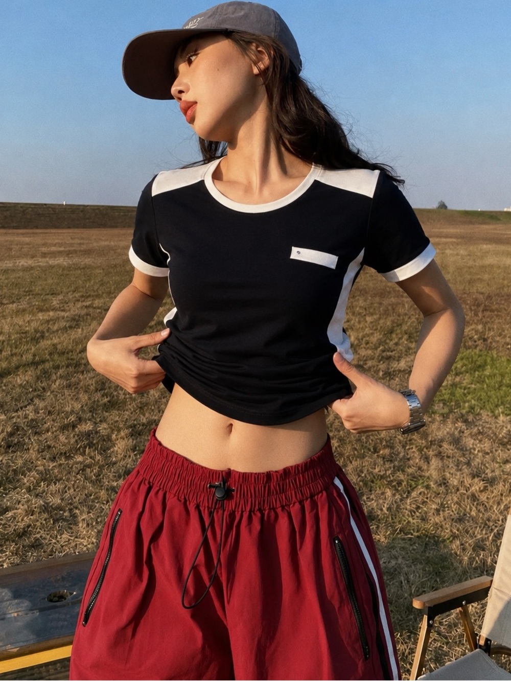 Claudia Richard Black White Colorblock Longline Tee Y2K Streetwear Top Medium